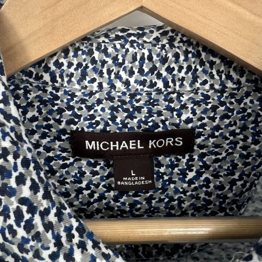 Michael Kors Polo Shirt Mens Size L Short Sleeve Blue Abstract Camo Print - Picture 10 of 13